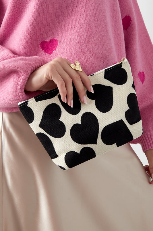 Kosmetiktasche mit Herzen - schwarz-weiß